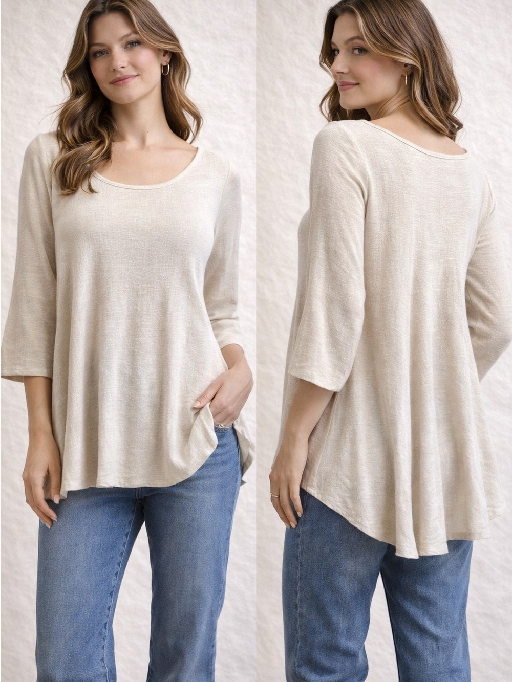 Light Cream Scoop Neck Three-Quarter Sleeve Women's Top